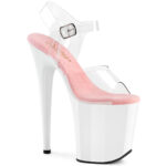 FLAMINGO-808 Durchsichtige High Heels Riemchen Sandalette mit weissem Plateau von Pleaser USA mit 20 cm Absatz und 10 cm Plateau, mit weicher baby pinker Lederinnensohle.