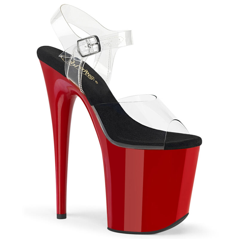FLAMINGO-808 Durchsichtige High Heels Riemchen Sandalette mit rotem Plateau von Pleaser USA mit 20 cm Absatz und 10 cm Plateau, mit weicher schwarzer Lederinnensohle.