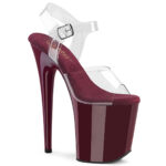FLAMINGO-808 Durchsichtige High Heels Riemchen Sandalette mit burgunderrotem Plateau von Pleaser USA mit 20 cm Absatz und 10 cm Plateau, mit weicher Lederinnensohle.