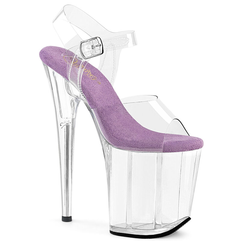 FLAMINGO-808 Durchsichtige High Heels Riemchen Sandalette mit Plateau von Pleaser USA mit 20 cm Absatz und 10 cm Plateau, mit weicher lavendelfarbiger Lederinnensohle.