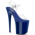 FLAMINGO-808 Durchsichtige High Heels Riemchen Sandalette mit blauem Plateau von Pleaser USA mit 20 cm Absatz und 10 cm Plateau, mit weicher blauer Lederinnensohle.