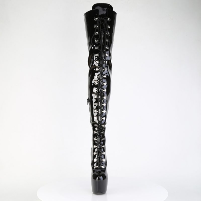 Schwarze Crotch High Heel Lackstiefel mit Plateau und Schnürung