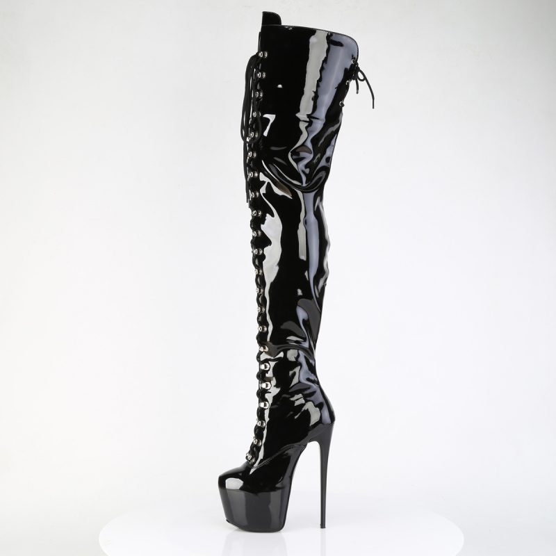 Schwarze Crotch High Heel Lackstiefel mit Plateau und Schnürung
