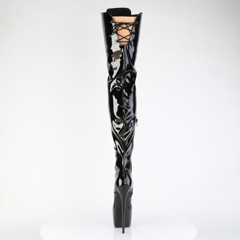 Schwarze Crotch High Heel Lackstiefel mit Plateau und Schnürung