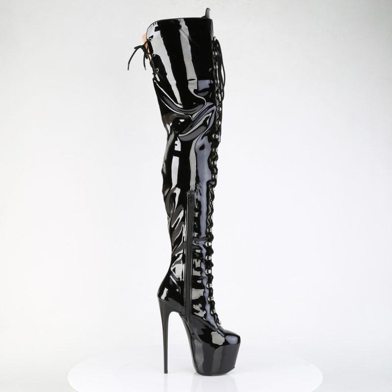 Schwarze Crotch High Heel Lackstiefel mit Plateau und Schnürung