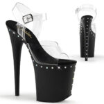 FLAMINGO-808ABLS Durchsichtige High Heels Riemchen Sandalette mit mattschwarzem Plateau mit Strassumrandung von Pleaser USA mit 20 cm Absatz und 10 cm Plateau, mit weicher Lederinnensohle.