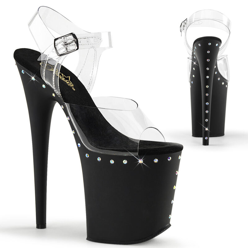 FLAMINGO-808ABLS Durchsichtige High Heels Riemchen Sandalette mit mattschwarzem Plateau mit Strassumrandung von Pleaser USA mit 20 cm Absatz und 10 cm Plateau, mit weicher Lederinnensohle.