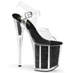 FLAMINGO-808G Durchsichtige High Heel Sandalette mit schwarzem Glitter gefülltem Plateau von Pleaser USA, 20 cm Absatz, 10 cm Plateau und weicher Lederinnensohle.