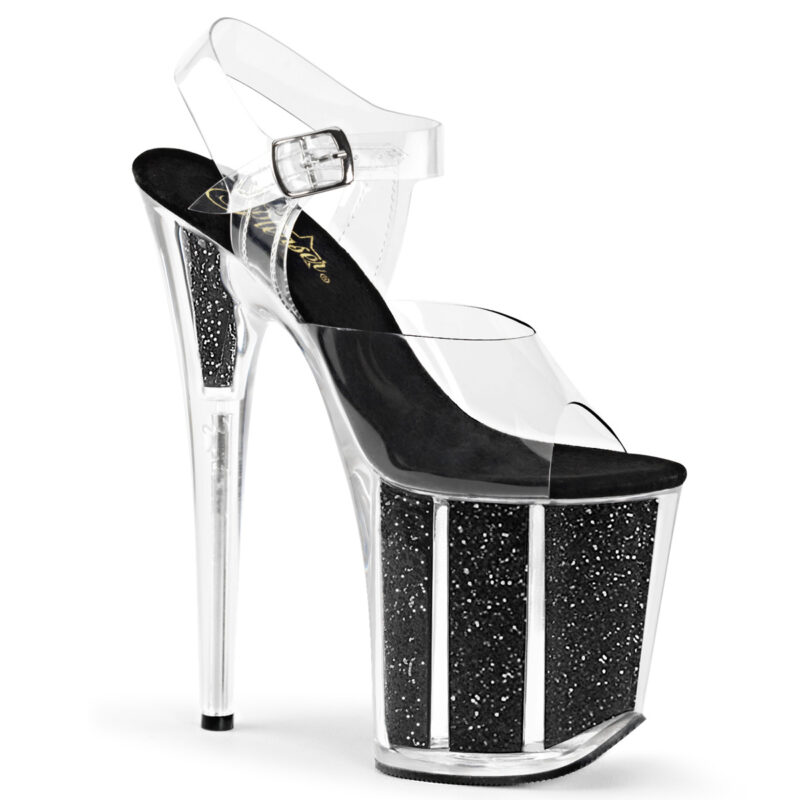 FLAMINGO-808G Durchsichtige High Heel Sandalette mit schwarzem Glitter gefülltem Plateau von Pleaser USA, 20 cm Absatz, 10 cm Plateau und weicher Lederinnensohle.