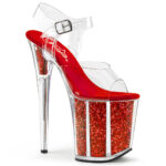FLAMINGO-808G Durchsichtige High Heel Sandalette mit rotem Glitter gefülltem Plateau von Pleaser USA, 20 cm Absatz, 10 cm Plateau und weicher Lederinnensohle.