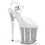 FLAMINGO-808G Durchsichtige High Heel Sandalette mit silber Glitter gefülltem Plateau von Pleaser USA, 20 cm Absatz, 10 cm Plateau und weicher Lederinnensohle.