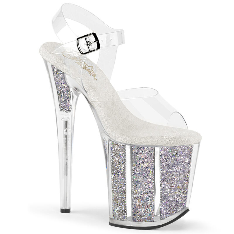 FLAMINGO-808G Durchsichtige High Heel Sandalette mit silber Glitter gefülltem Plateau von Pleaser USA, 20 cm Absatz, 10 cm Plateau und weicher Lederinnensohle.