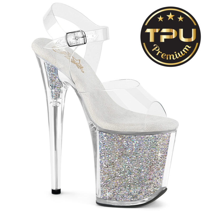 Flamingo-808PREM-RSI Durchsichtige Riemchen Sandalette mit Strass in Plateau und Absatz aus der TPU Premium Kollektion von Pleaser USA mit 10 cm Plateau und 20 cm Absatz, Obermaterial TPU.