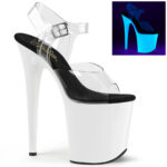 Flamingo-808UV Durchsichtige Riemchen Sandalette mit Plateau in neon weiss von Pleaser USA, 20 cm High Heel Absatz, 10 cm Plateau. Das Plateau leuchtet bei UV-Schwarzlicht.
