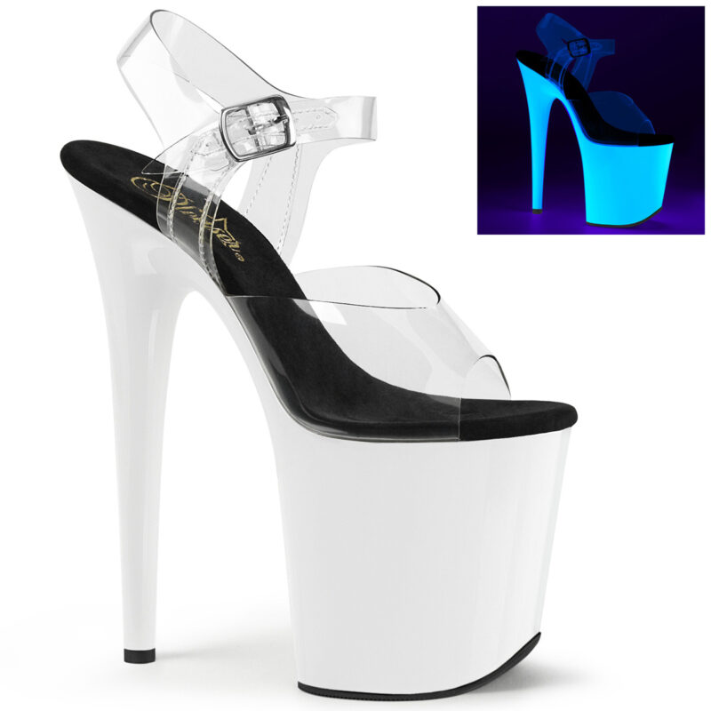 Flamingo-808UV Durchsichtige Riemchen Sandalette mit Plateau in neon weiss von Pleaser USA, 20 cm High Heel Absatz, 10 cm Plateau. Das Plateau leuchtet bei UV-Schwarzlicht.