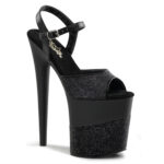 FLAMINGO-809-2G Extrem High Heels Riemchen Sandalette mit Plateau in schwarz Glitter - Pleaser USA mit 20 cm Absatz, 10 cm Plateau und weicher Lederinnensohle.