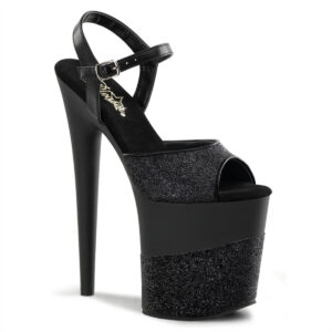 FLAMINGO-809-2G Extrem High Heels Riemchen Sandalette mit Plateau in schwarz Glitter - Pleaser USA mit 20 cm Absatz, 10 cm Plateau und weicher Lederinnensohle.