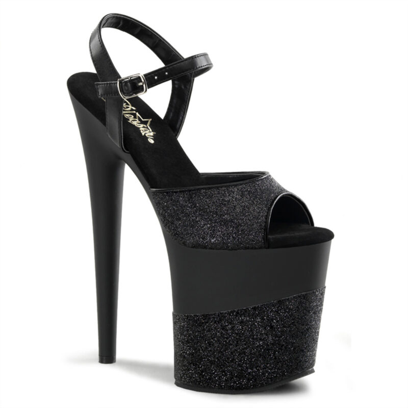 FLAMINGO-809-2G Extrem High Heels Riemchen Sandalette mit Plateau in schwarz Glitter - Pleaser USA mit 20 cm Absatz, 10 cm Plateau und weicher Lederinnensohle.