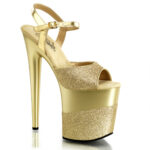 FLAMINGO-809-2G Extrem High Heels Riemchen Sandalette mit Plateau in gold Glitter - Pleaser USA mit 20 cm Absatz, 10 cm Plateau und weicher Lederinnensohle.