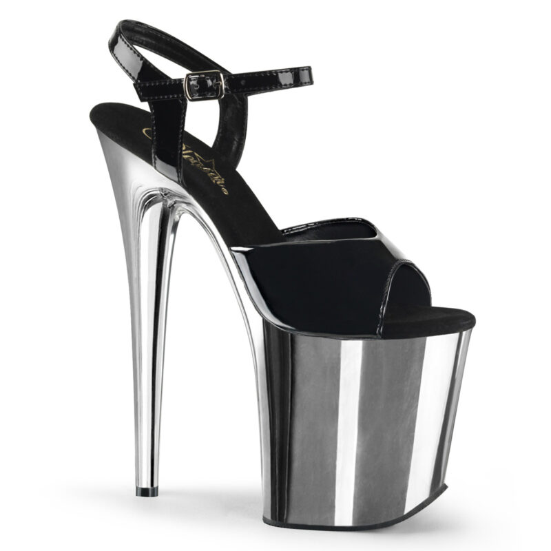 Flamingo-809 Schwarze High Heels Riemchen Sandalette mit silber verchromtem Plateau von Pleaser USA, 20 cm Absatz, 10 cm Plateau und weichgepolsterte Lederinnensohle.
