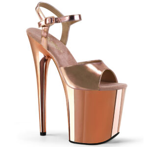 Flamingo-809 Riemchen Sandalette in rose gold Kunstleder mit 20 cm High Heel Absatz und 10 cm Chrom Plateau von Pleaser.