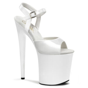 Flamingo-809 Klassische Riemchen Sandalette weiss Lack mit 20 cm High Heel Absatz und 10 cm Plateau von Pleaser.