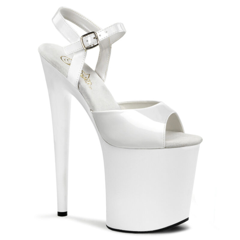 Flamingo-809 Klassische Riemchen Sandalette weiss Lack mit 20 cm High Heel Absatz und 10 cm Plateau von Pleaser.