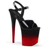 FLAMINGO-809BR-H Auffallende Lack Sandalette mit zweifarbigem Farbverlauf in rot-schwarz auf dem Plateau von Pleaser mit 20 cm Absatz und 10 cm Plateau.