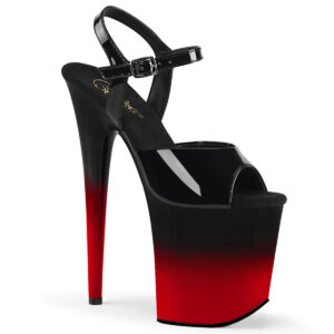 FLAMINGO-809BR-H Auffallende Lack Sandalette mit zweifarbigem Farbverlauf in rot-schwarz auf dem Plateau von Pleaser mit 20 cm Absatz und 10 cm Plateau.
