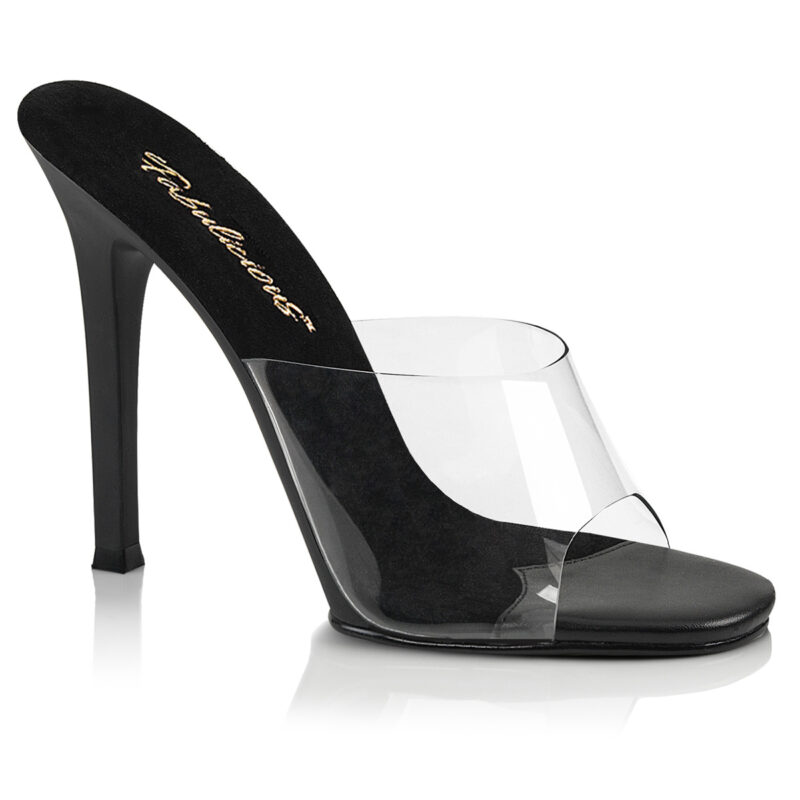 GALA-01 Durchsichtige High Heel Pantolette mit schwarzer gepolsterter Innensohle aus der Kollektion Fabulicious von Pleaser USA und 11 cm Stiletto Absatz.