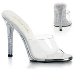 GALA-01DM Durchsichtige Pantolette mit 11 cm hohem High Heel Absatz und heller gepolsterter Innensohle, Absatz und Sohle sind komplett mit Strass besetzt, aus der Kollektion Fabulicious von Pleaser USA.