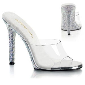 GALA-01DM Durchsichtige Pantolette mit 11 cm hohem High Heel Absatz und heller gepolsterter Innensohle, Absatz und Sohle sind komplett mit Strass besetzt, aus der Kollektion Fabulicious von Pleaser USA.