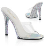 GALA-01DML Durchsichtige Pantolette mit 11 cm hohem High Heel Absatz und heller gepolsterter Innensohle, Absatz und Sohle sind komplett mit großen Strasssteinen besetzt, aus der Kollektion Fabulicious von Pleaser USA.