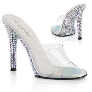 GALA-01DML Durchsichtige Pantolette mit 11 cm hohem High Heel Absatz und heller gepolsterter Innensohle, Absatz und Sohle sind komplett mit großen Strasssteinen besetzt, aus der Kollektion Fabulicious von Pleaser USA.