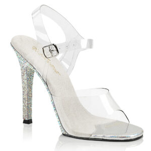 GALA-08DM Durchsichtige Sandalette mit 11 cm hohem High Heel Absatz und heller gepolsterter Innensohle, Absatz und Sohle sind komplett mit Strass besetzt, aus der Kollektion Fabulicious von Pleaser USA.