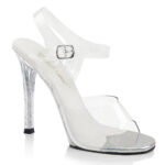 GALA-08MG Durchsichtige Sandalette mit 11 cm hohem High Heel Absatz und heller gepolsterter Innensohle, Absatz und Sohle sind komplett mit Mini Glitter verziert, aus der Kollektion Fabulicious von Pleaser USA.