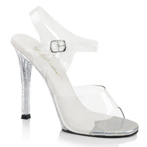 GALA-08MG Durchsichtige Sandalette mit 11 cm hohem High Heel Absatz und heller gepolsterter Innensohle, Absatz und Sohle sind komplett mit Mini Glitter verziert, aus der Kollektion Fabulicious von Pleaser USA.