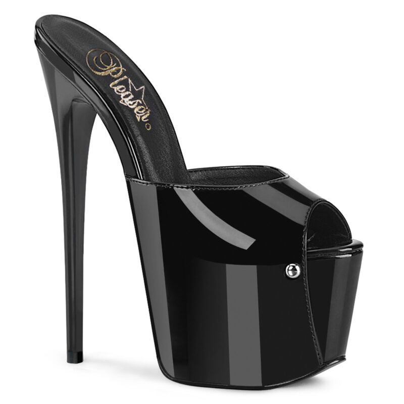 JUBILANT-01 Plateau Pantolette schwarz Lack von Pleaser USA mit 17,5 cm hohem High Heel Absatz und 7,5 cm Plateau. Die Innensohle ist weichgepolstert.