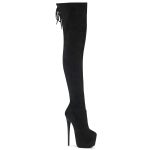 JUBILANT-3007FS Schwarze Overknee Plateau Stiefel in Velours Kunstleder mit kleiner Schnürung hinten am Schaftende von Pleaser mit 17,5 cm Absatz und 7,5 cm Plateau.