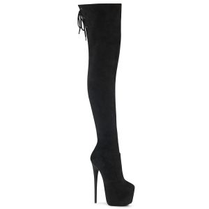 JUBILANT-3007FS Schwarze Overknee Plateau Stiefel in Velours Kunstleder mit kleiner Schnürung hinten am Schaftende von Pleaser mit 17,5 cm Absatz und 7,5 cm Plateau.