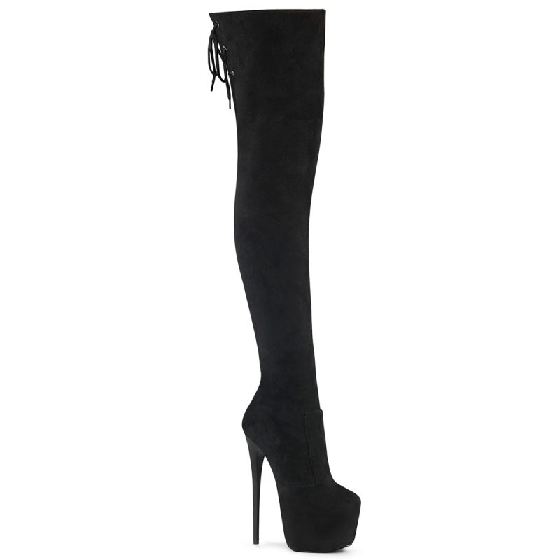 JUBILANT-3007FS Schwarze Overknee Plateau Stiefel in Velours Kunstleder mit kleiner Schnürung hinten am Schaftende von Pleaser mit 17,5 cm Absatz und 7,5 cm Plateau.