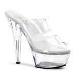 KISS-202 Durchsichtige Plateau Pantolette mit klarem Plateau von Pleaser mit 15 cm Absatz und 4,5 cm Plateau. Das Obermaterial ist aus Kunststoff. Die helle Lederinnensohle ist weichgepolstert.
