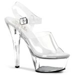 KISS-208 Durchsichtige High Heels Riemchen Sandalette mit Plateau von Pleaser USA, 15 cm Absatz, 4,5 cm Plateau, weichgepolsterte helle Innensohle aus Leder.