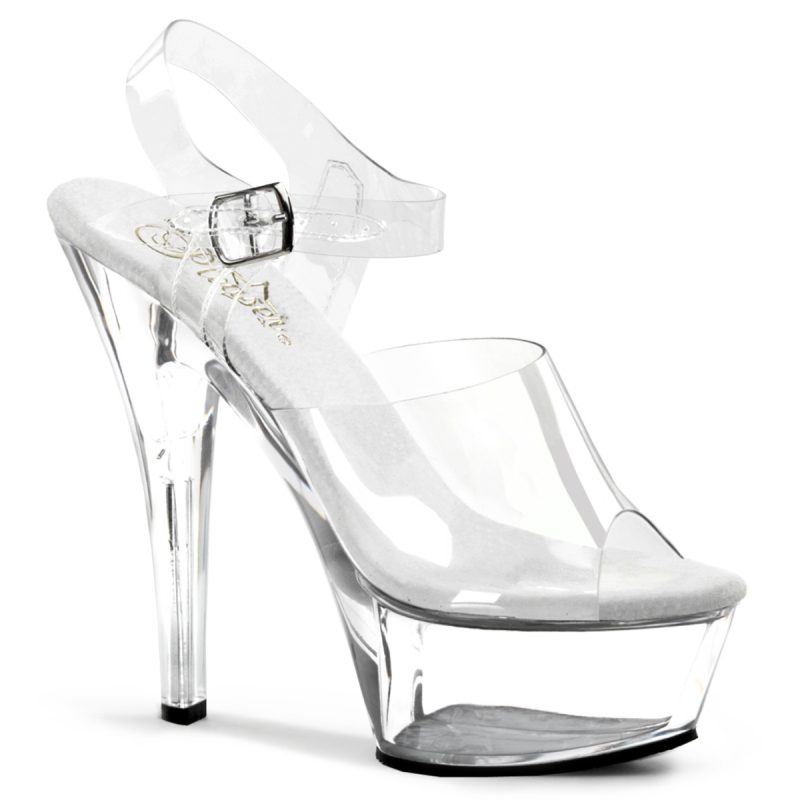 KISS-208 Durchsichtige High Heels Riemchen Sandalette mit Plateau von Pleaser USA, 15 cm Absatz, 4,5 cm Plateau, weichgepolsterte helle Innensohle aus Leder.