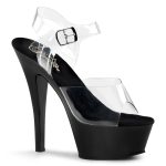 KISS-208 High Heels Riemchen Sandalette durchsichtig mit schwarzem Plateau von Pleaser USA, 15 cm Absatz, 4,5 cm Plateau, weichgepolsterte Innensohle aus Leder.