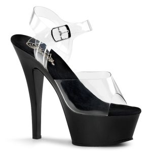 KISS-208 High Heels Riemchen Sandalette durchsichtig mit schwarzem Plateau von Pleaser USA, 15 cm Absatz, 4,5 cm Plateau, weichgepolsterte Innensohle aus Leder.