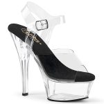 KISS-208 Durchsichtige High Heels Riemchen Sandalette mit Plateau von Pleaser USA, 15 cm Absatz, 4,5 cm Plateau, weichgepolsterte schwarze Innensohle aus Leder.