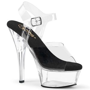 KISS-208 Durchsichtige High Heels Riemchen Sandalette mit Plateau von Pleaser USA, 15 cm Absatz, 4,5 cm Plateau, weichgepolsterte schwarze Innensohle aus Leder.