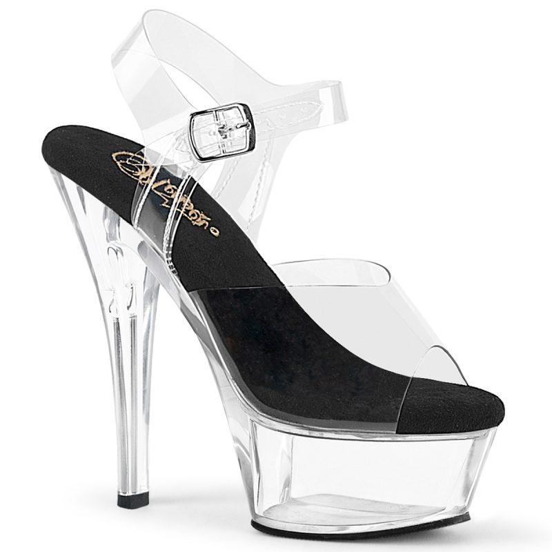 KISS-208 Durchsichtige High Heels Riemchen Sandalette mit Plateau von Pleaser USA, 15 cm Absatz, 4,5 cm Plateau, weichgepolsterte schwarze Innensohle aus Leder.
