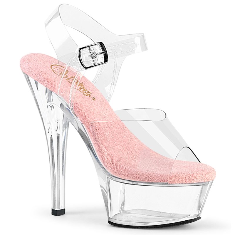 KISS-208 Durchsichtige High Heels Riemchen Sandalette mit Plateau von Pleaser USA, 15 cm Absatz, 4,5 cm Plateau, weichgepolsterte baby pinke Innensohle aus Leder.